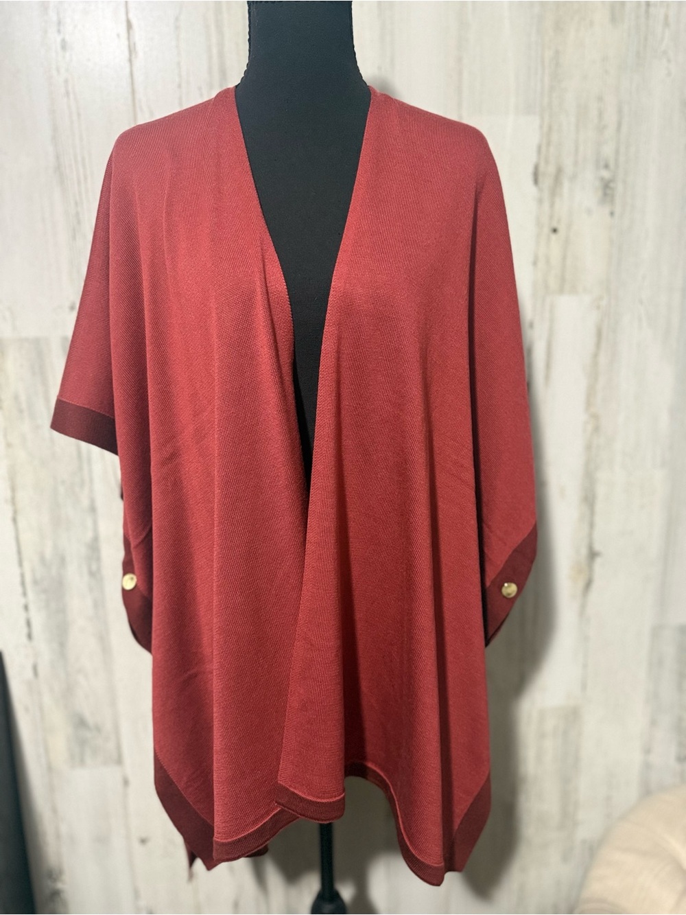 Ann Taylor Rust Red Knit Open Front Poncho Cape One Size Button Detail